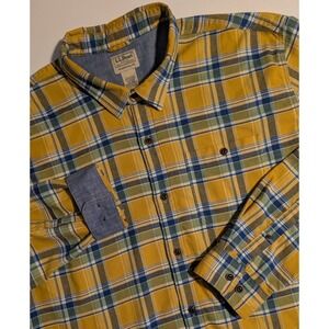 LL Bean Mens XXL Traditional Fit Plaid Button Down Shirt Yellow Blue 513053